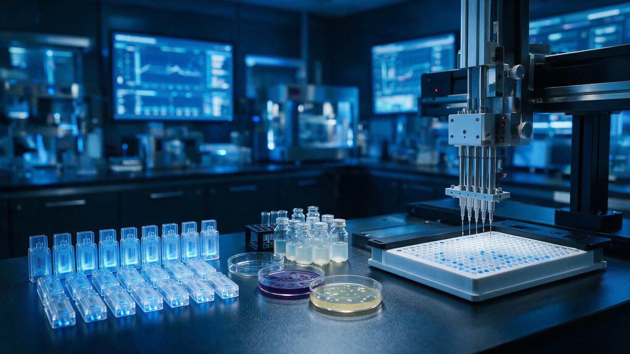 A precisely lit contract research laboratory at the critical inflection point between discovery and development.