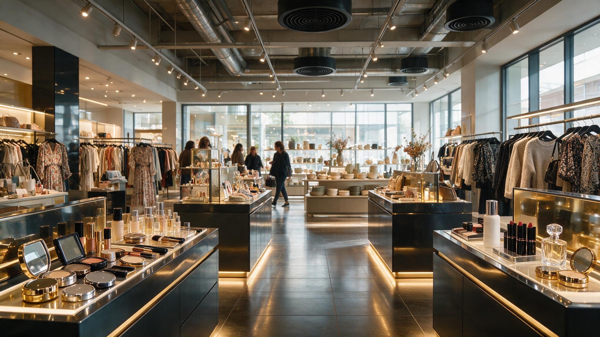 A shopper browsing cosmetics and fashion displays inside a bright, modern department store.