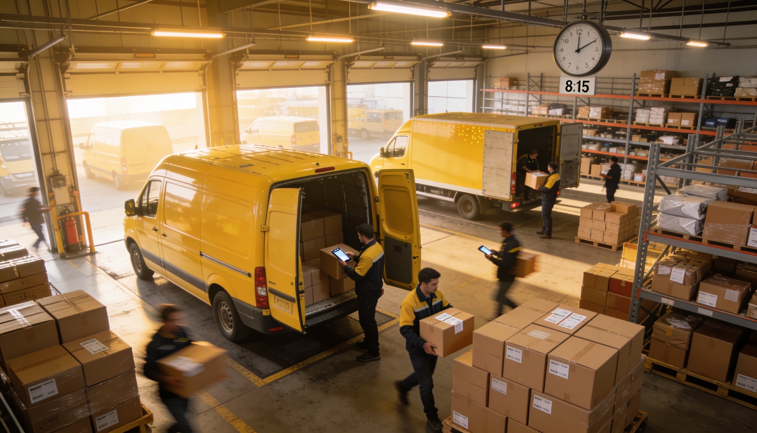 A group of delivery workers loading boxes into a van.