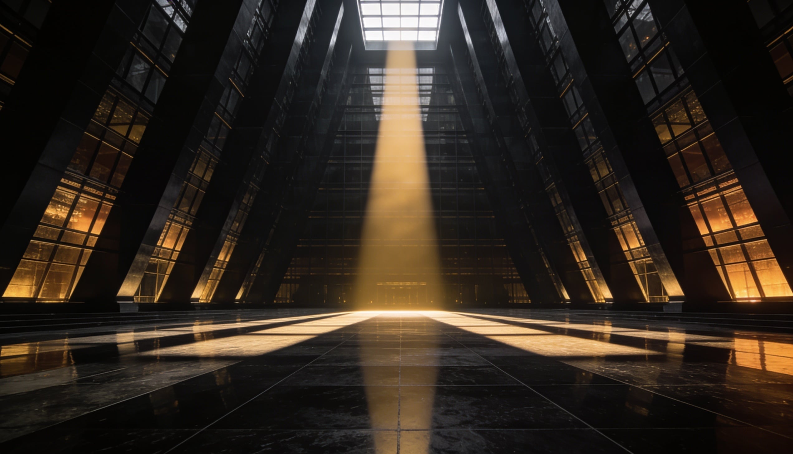 A sleek, cinematic wide-angle shot of a monumental glass.