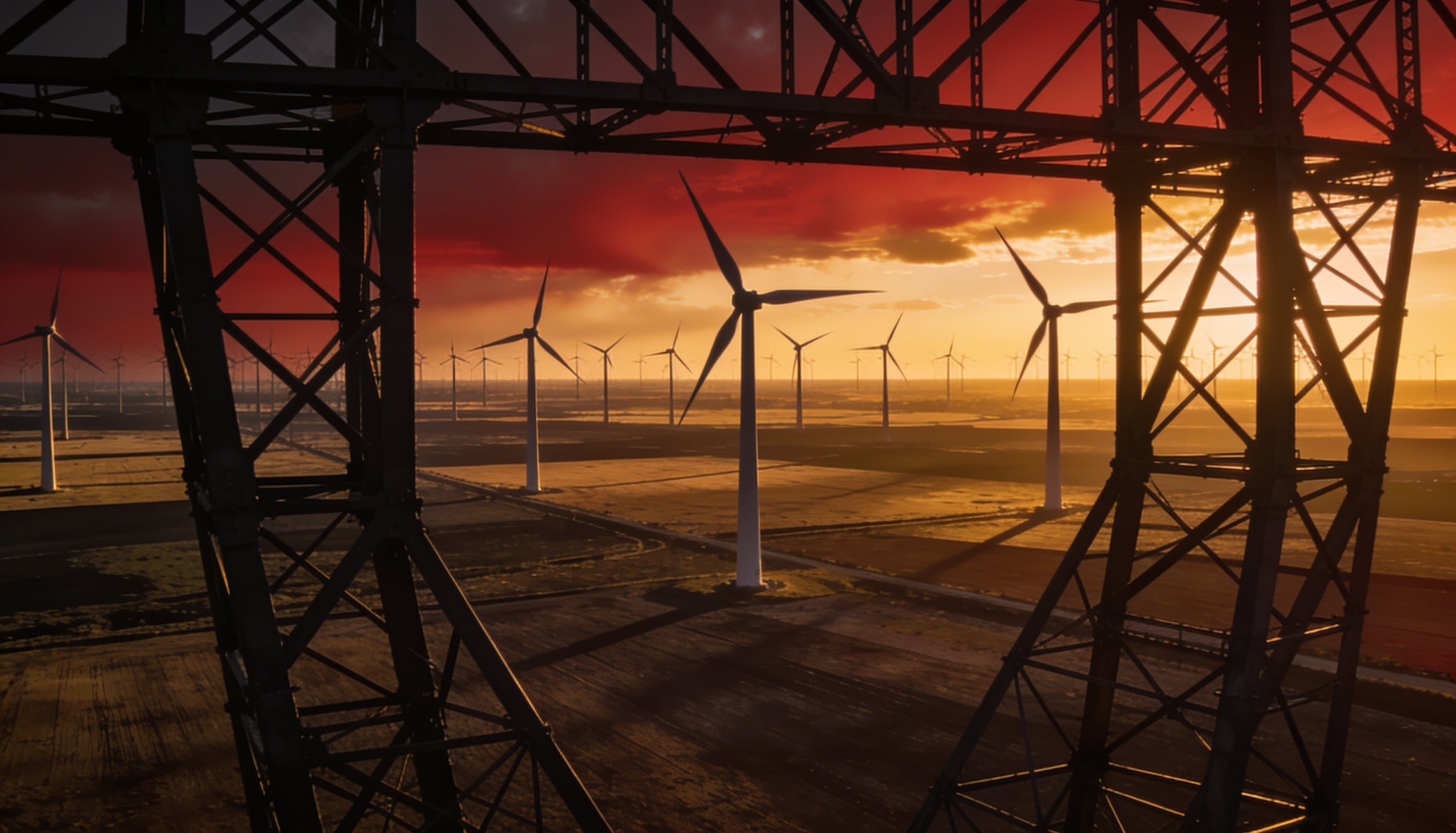 A rows of towering wind turbines.