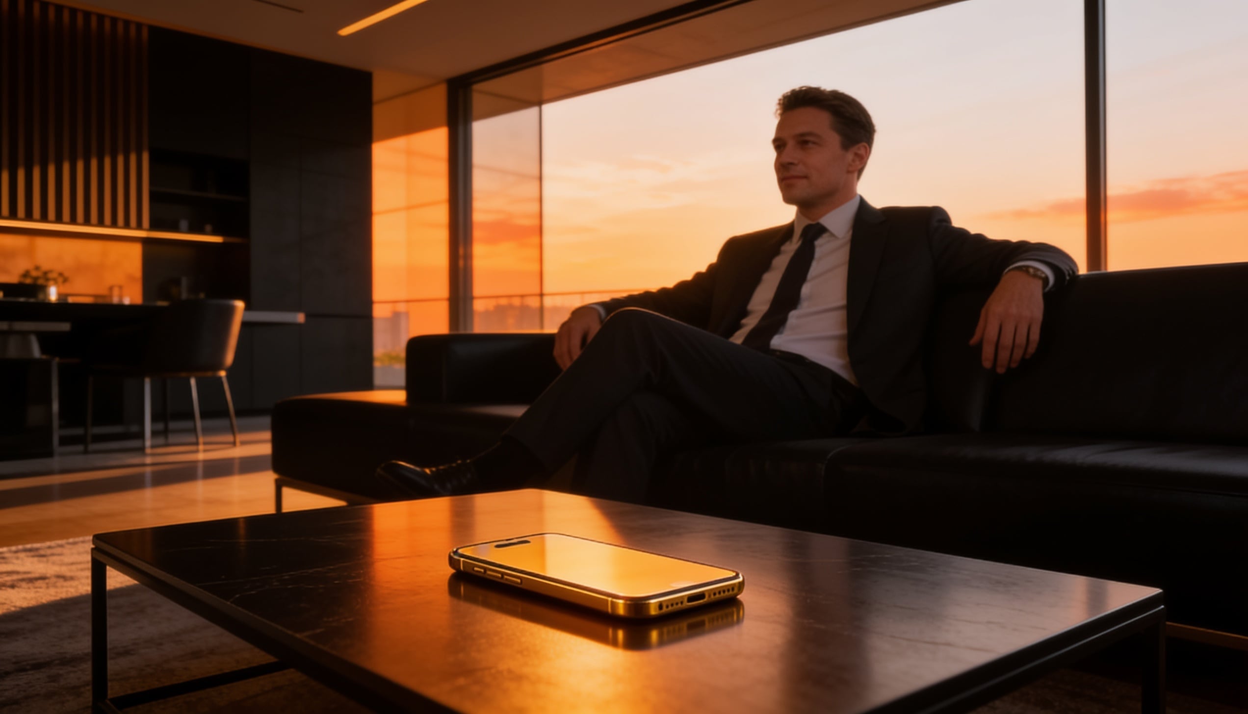 A man in a suit sitting on a sofa in an office.