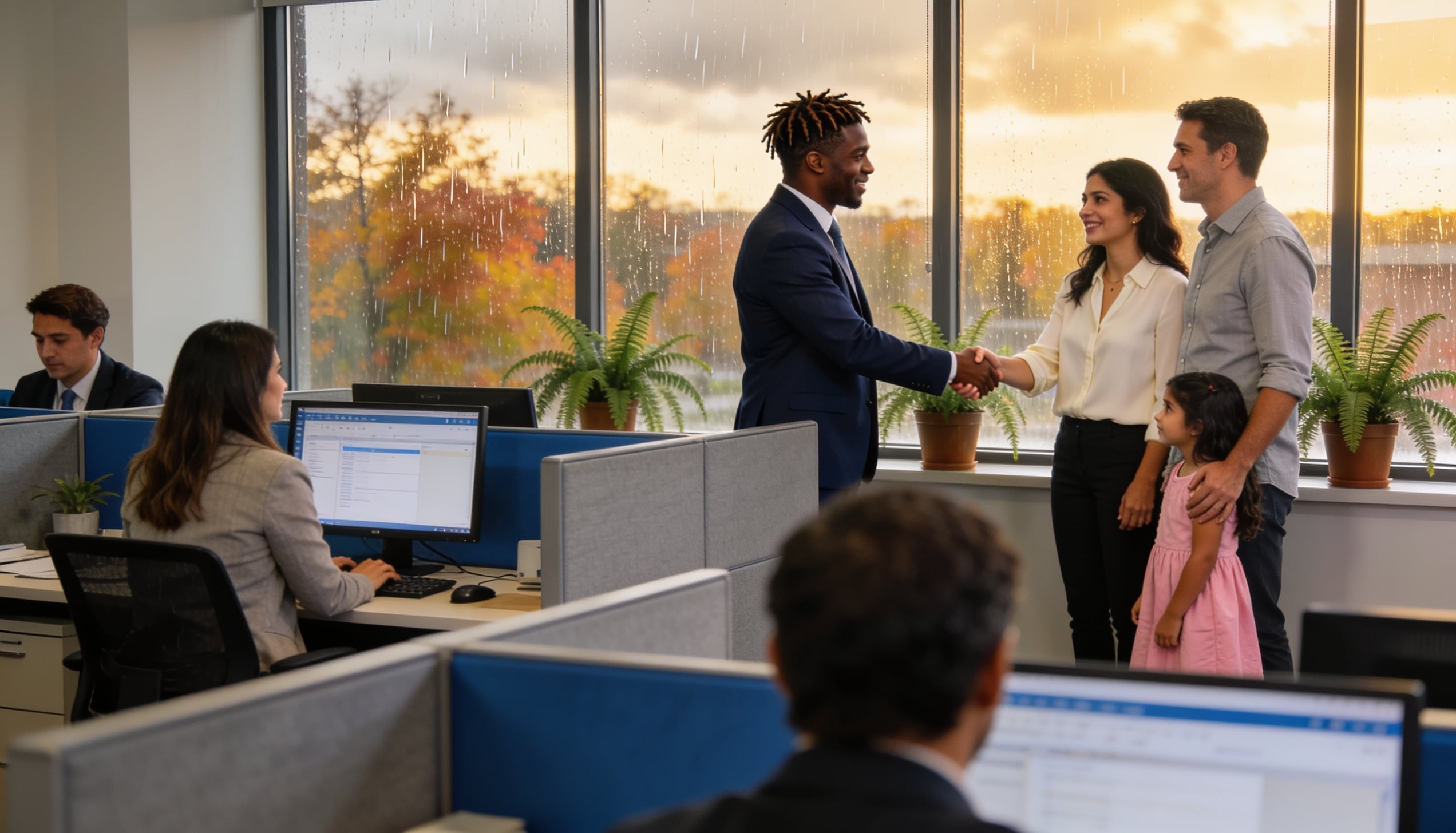 An employee entertaining a client in an office.
