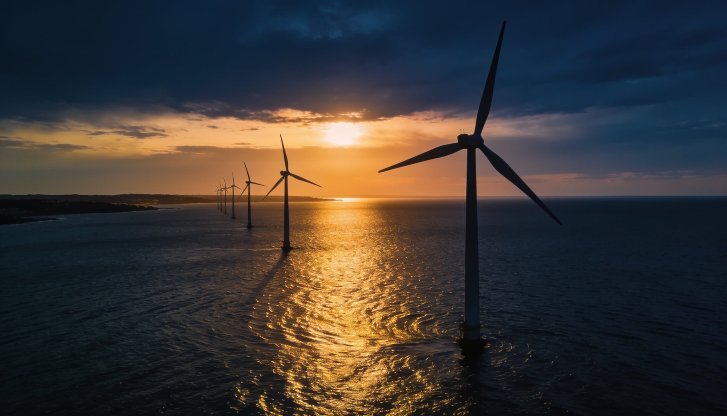 A towering wind turbines silhouetted against a deep navy-blue dusk sky.
