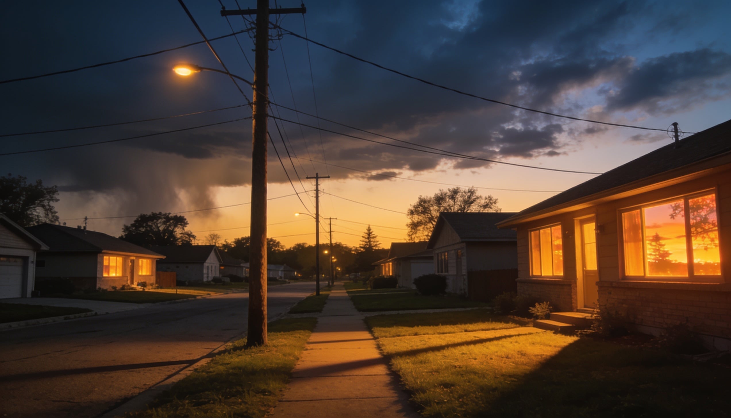 A utility poles and overhead distribution lines running above a row of warmly lit homes.