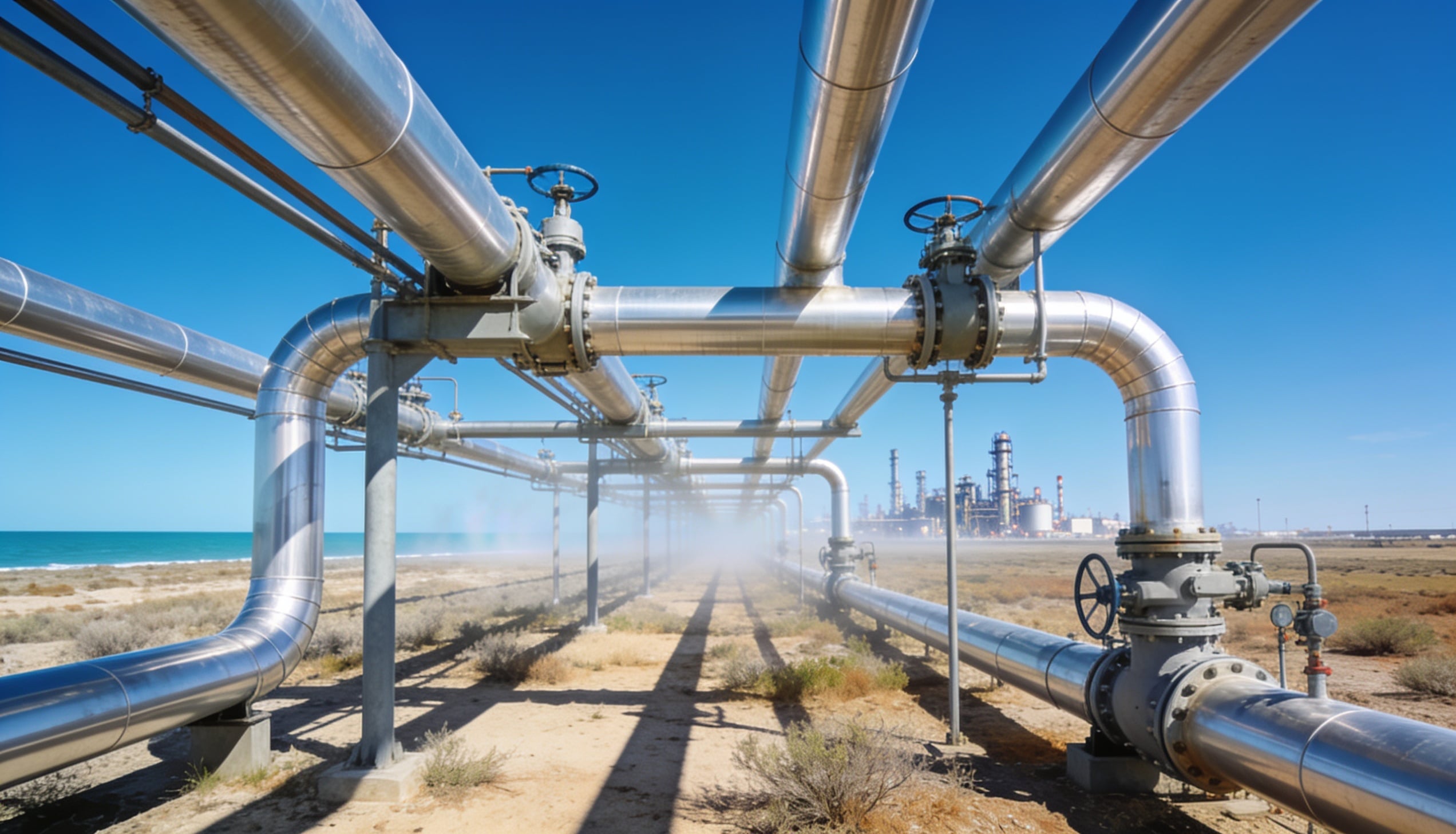 A vast network of gleaming natural gas pipelines and pressure regulation stations.