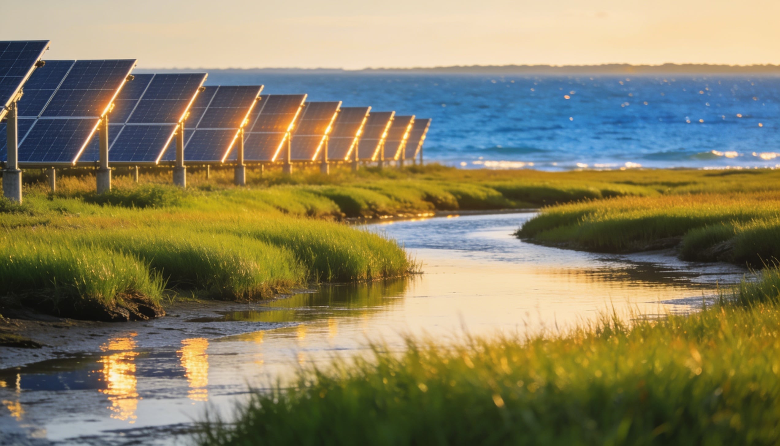 A solar panel array bordering a pristine New Jersey coastal salt marsh at golden hour.