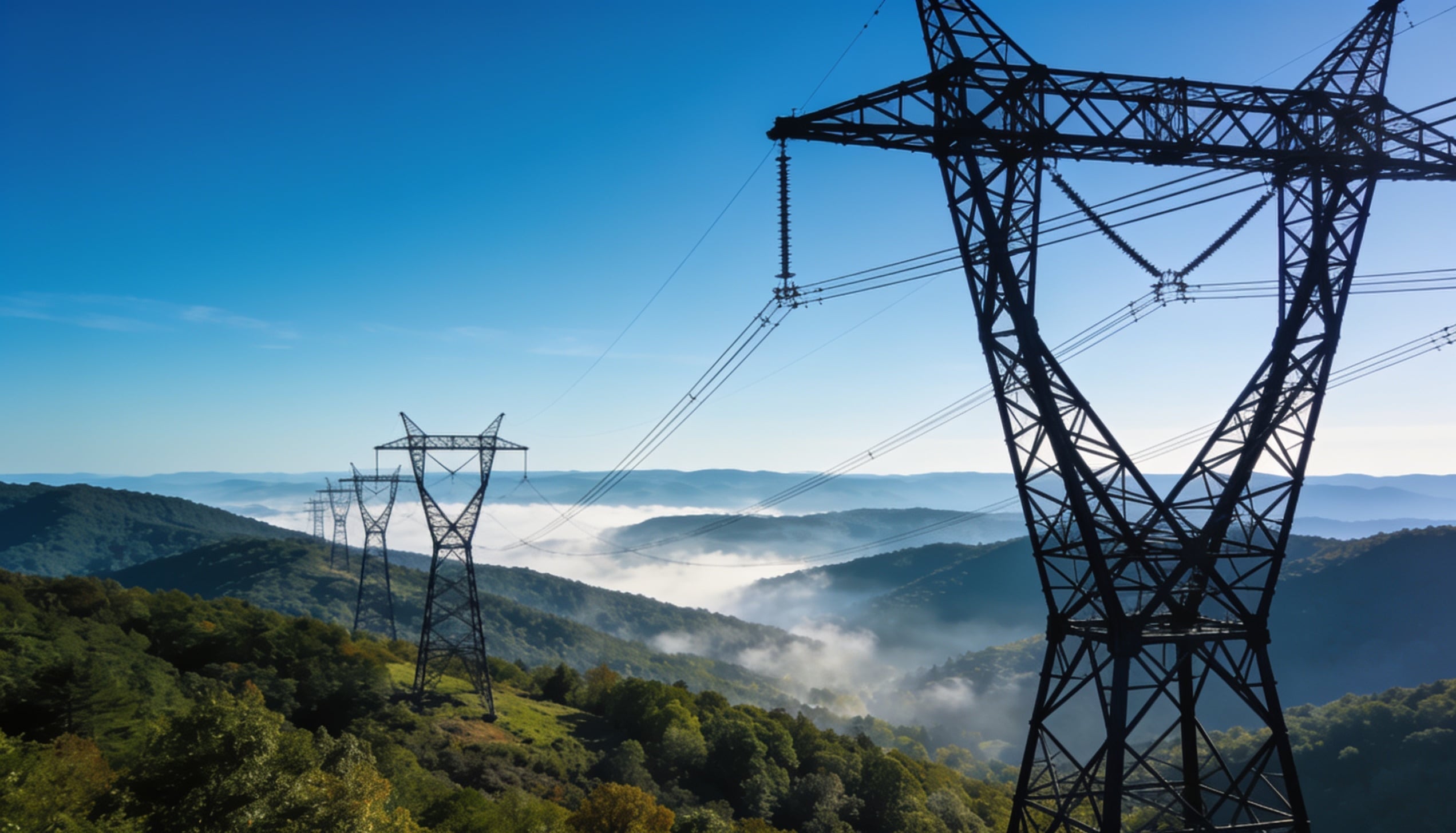 A massive steel transmission towers marching in formation across a rolling Appalachian hillside.