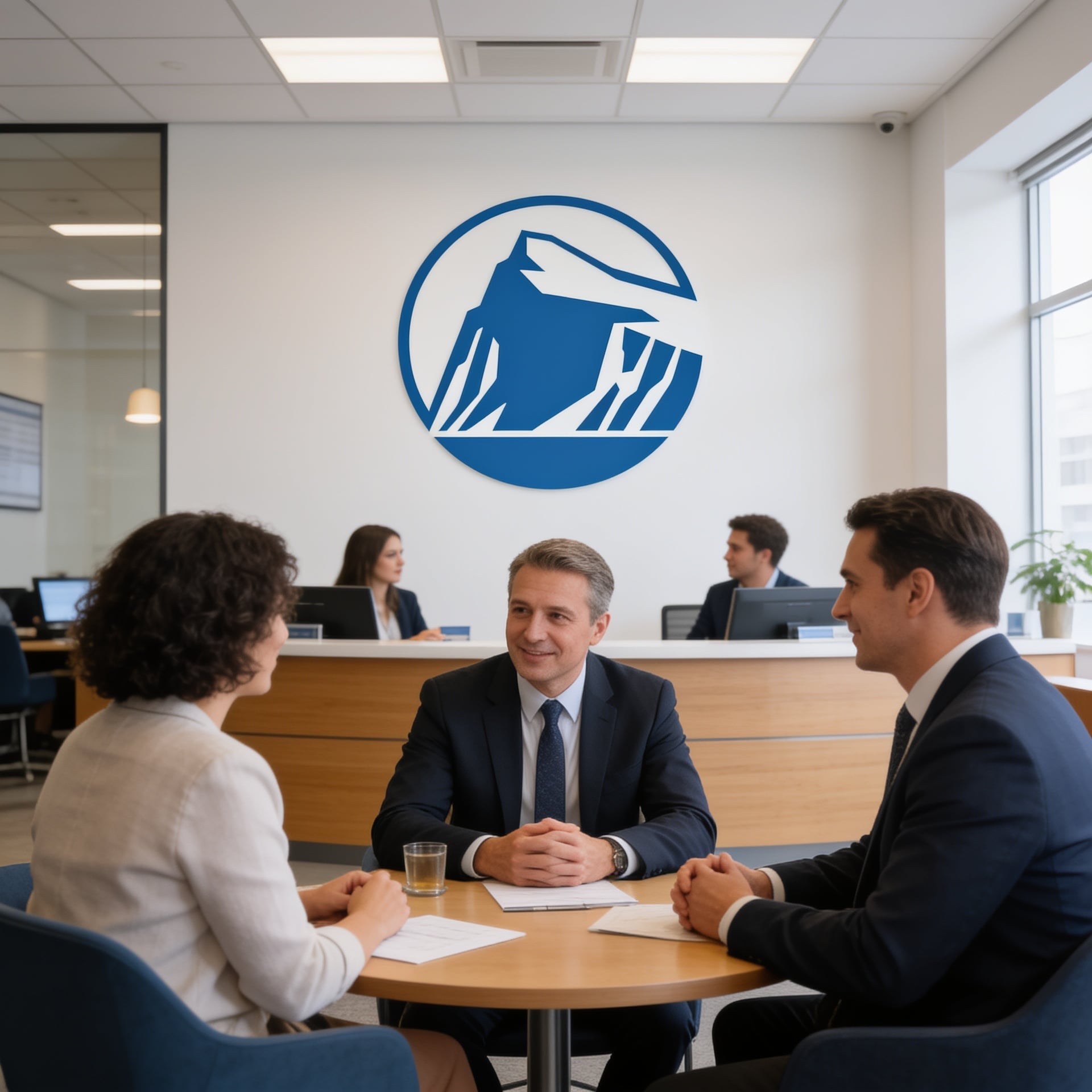 Three people discussing something in an office.