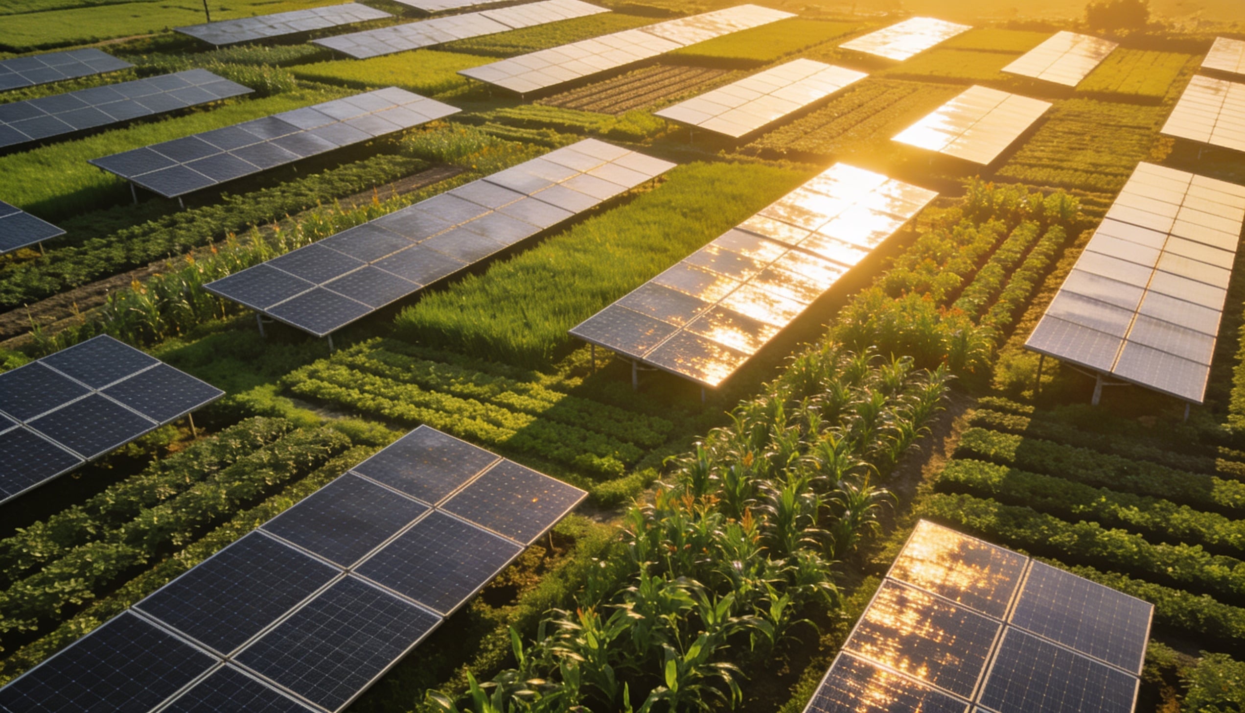 A vast solar panel array stretching across rolling Midwestern farmland.