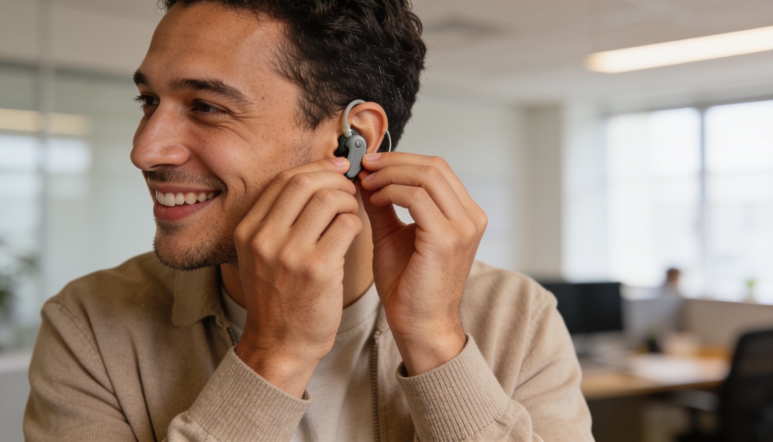 Guy adjusting hearing aid device