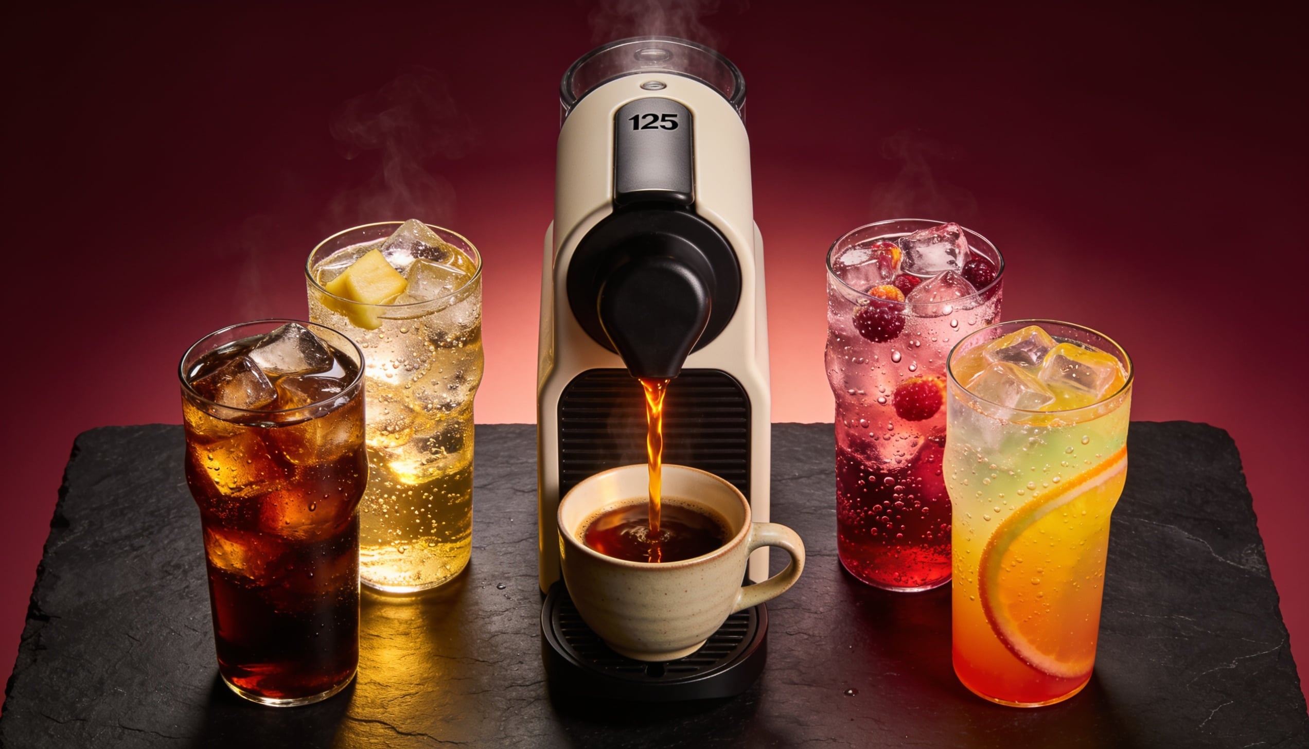 A richly styled beverage tableau.