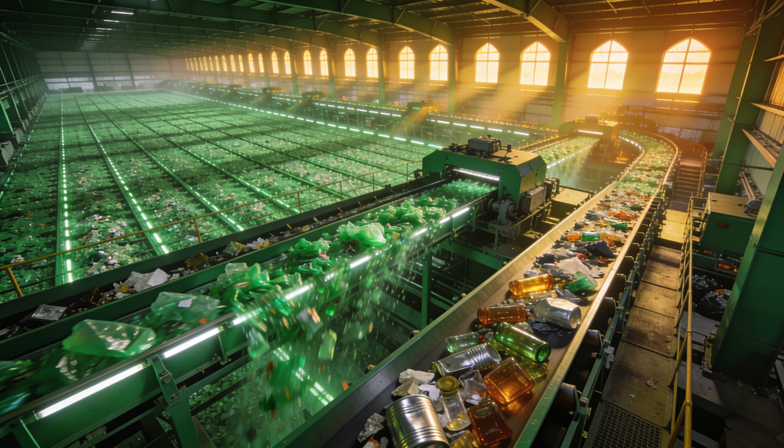 An organized modern materials recovery facility at golden hour.