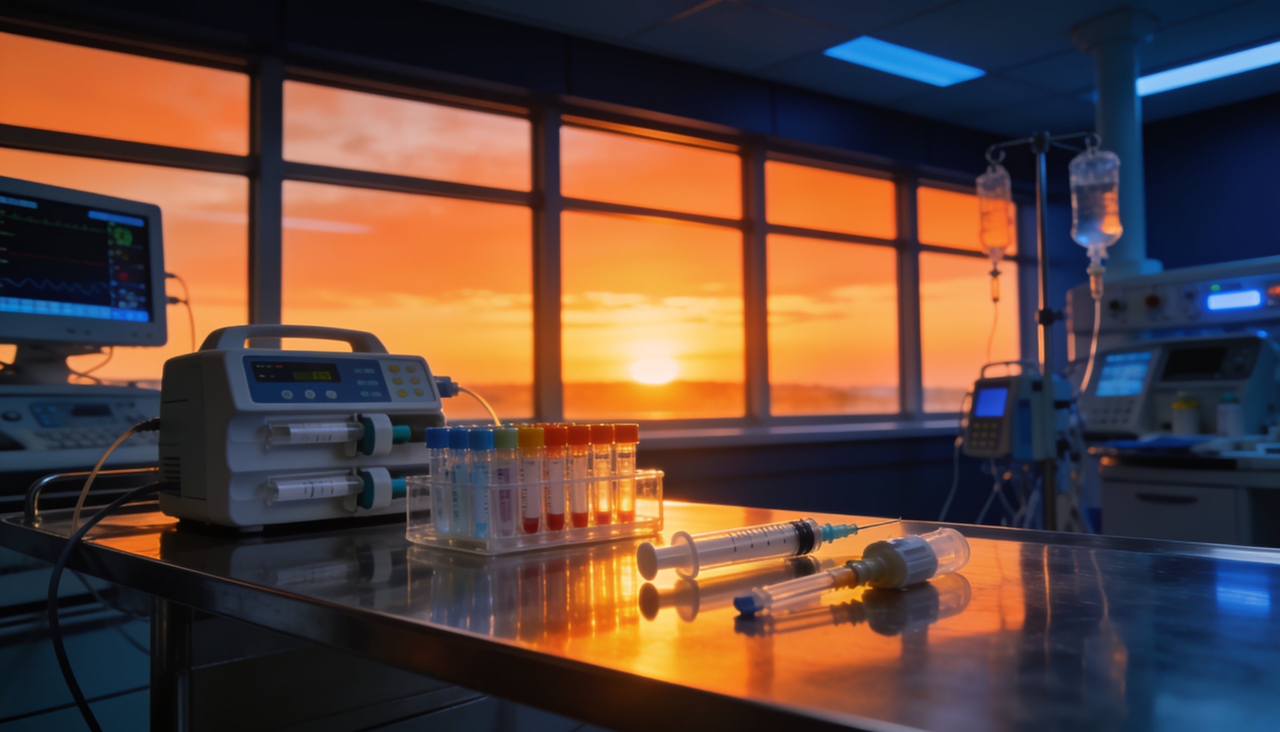 A pristine hospital clinical suite at dawn.