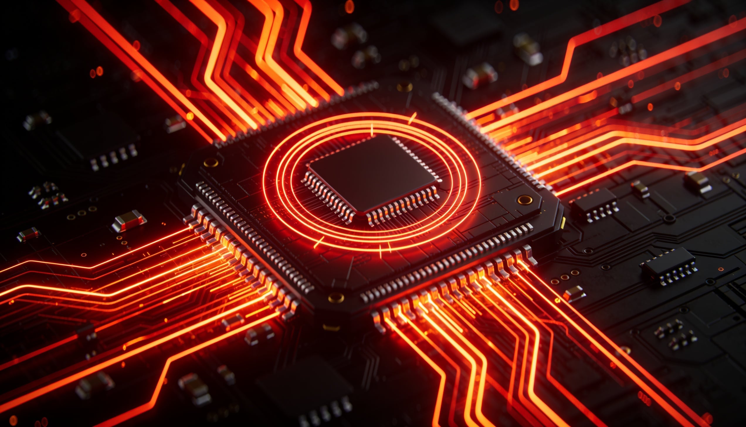 An impossibly intricate silicon processor die shot at extreme magnification.