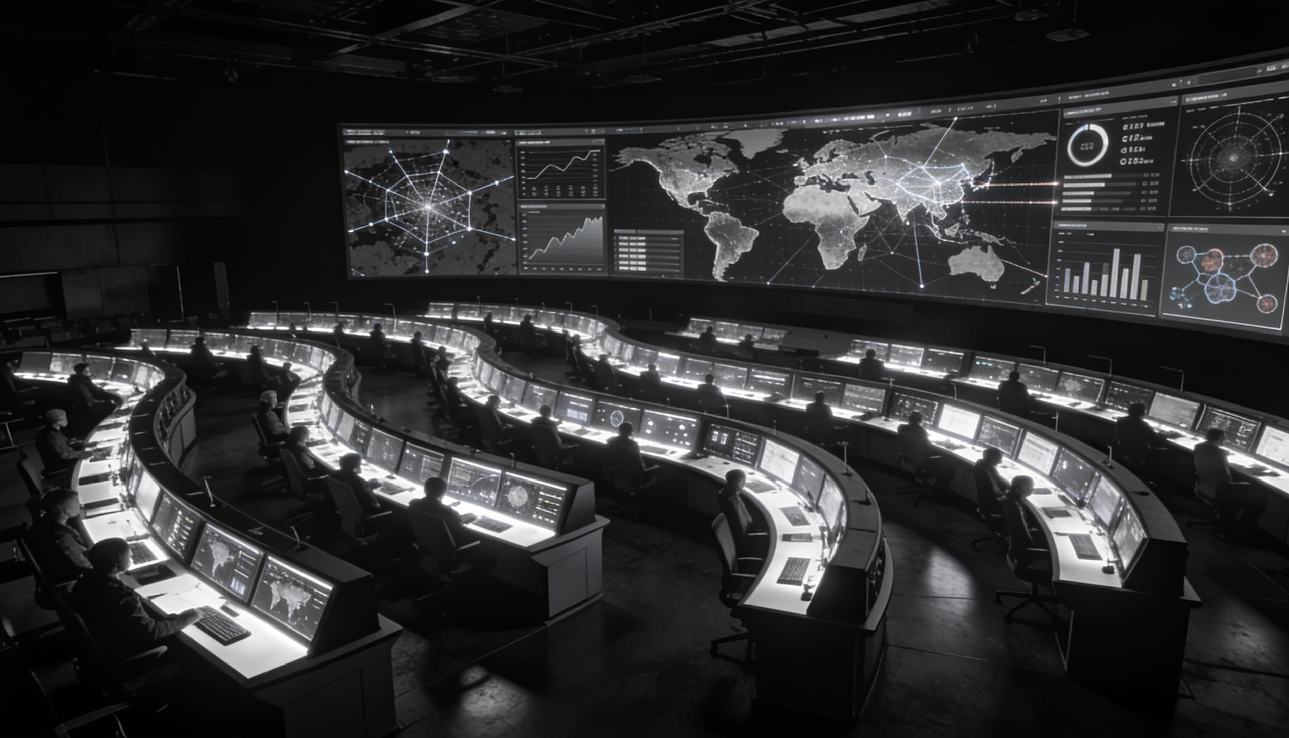 A vast darkened war-room intelligence center.