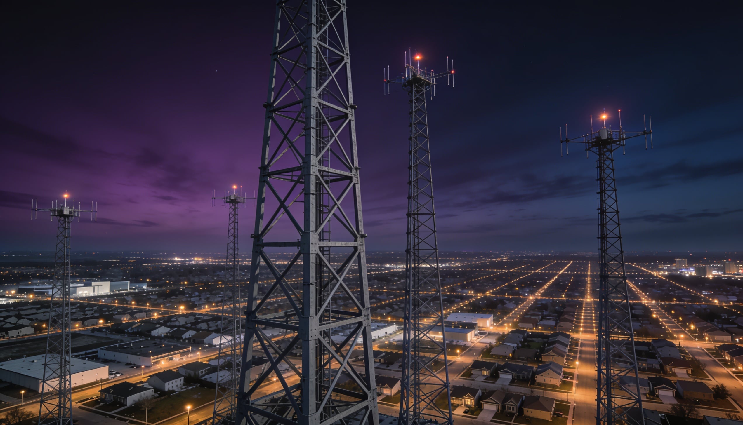 A cluster of steel communications towers.
