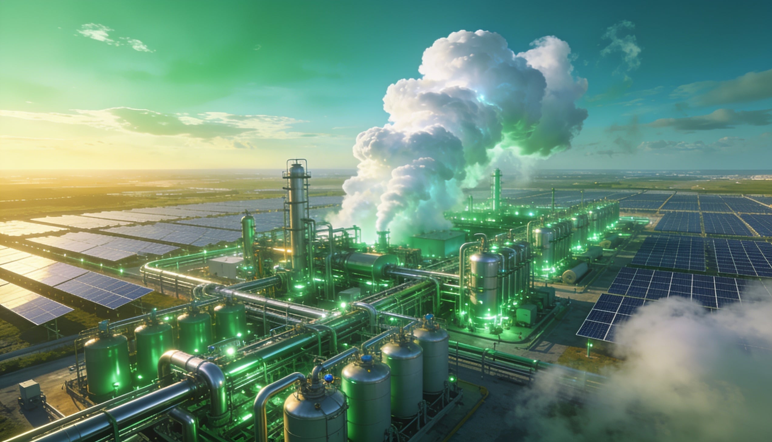 A clean hydrogen production megacomplex at golden hour.
