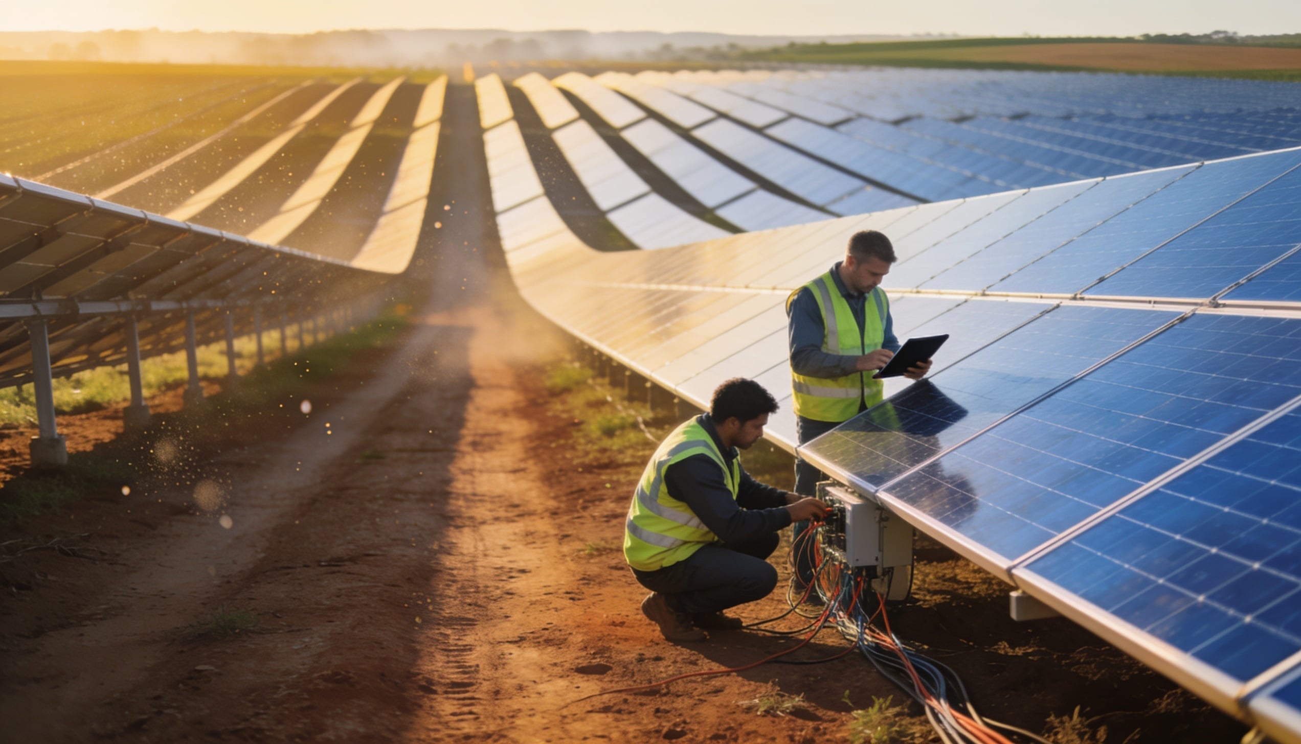 A two energy technicians in bright safety vests inspecting a sprawling solar panel.