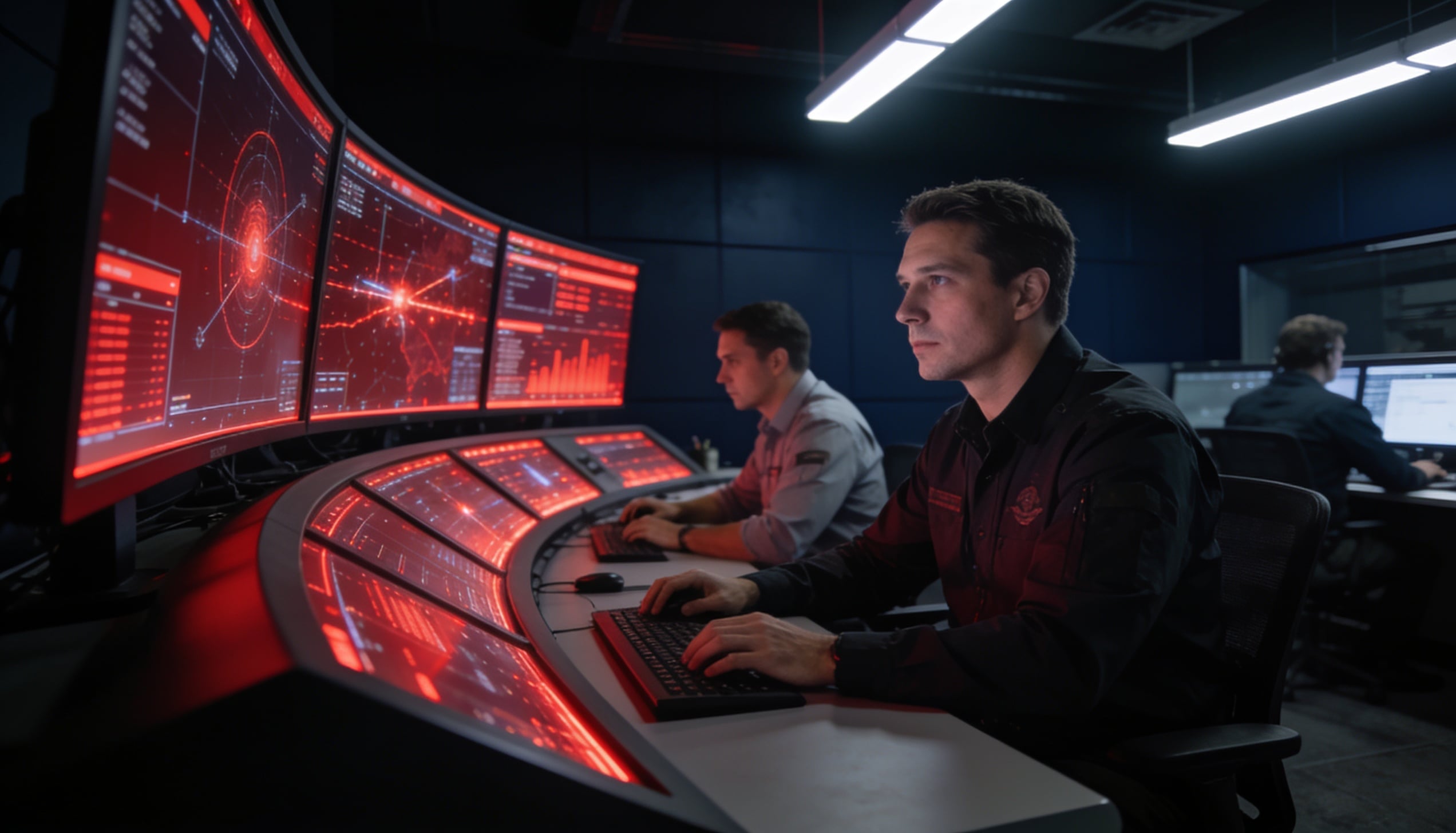 Three guys looking on their screen.