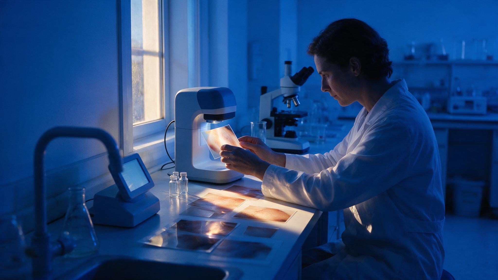 A doctor examining light-based diagnostic equipment near a window with soft golden sunlight streaming across skin-toned photographic samples.