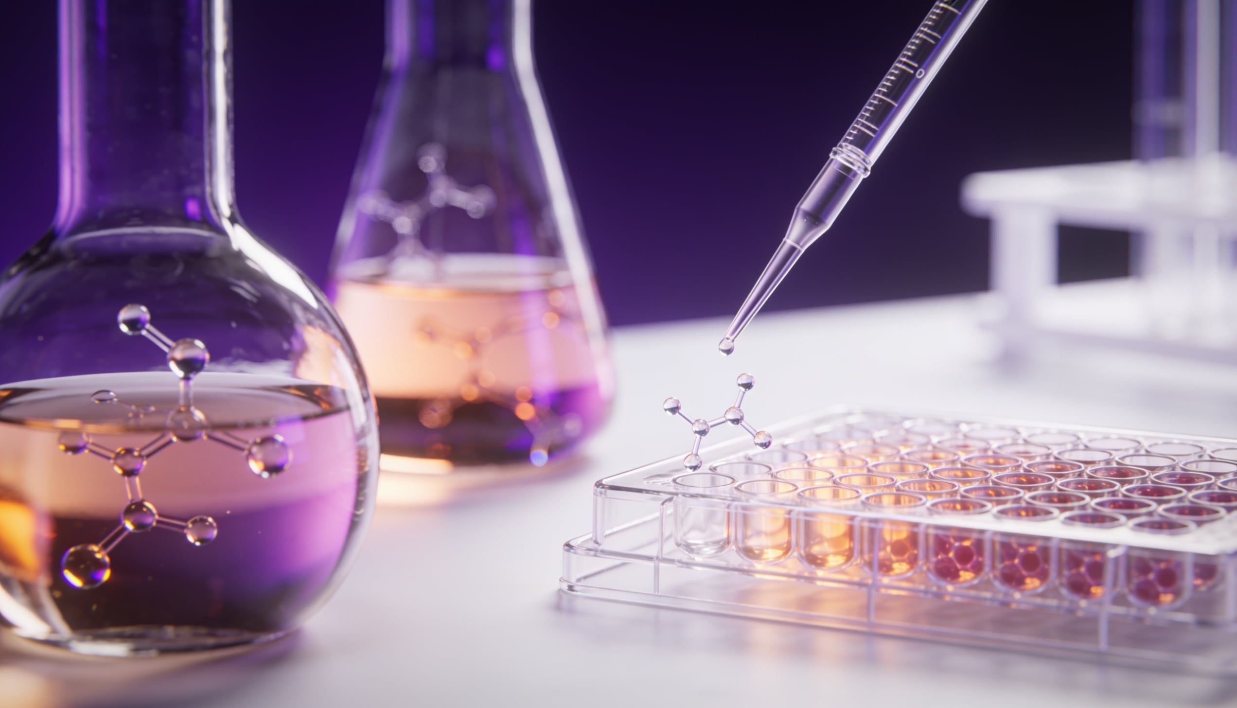 Pharmaceutical research glassware — crystalline flasks, pipettes, and cellular sample trays.
