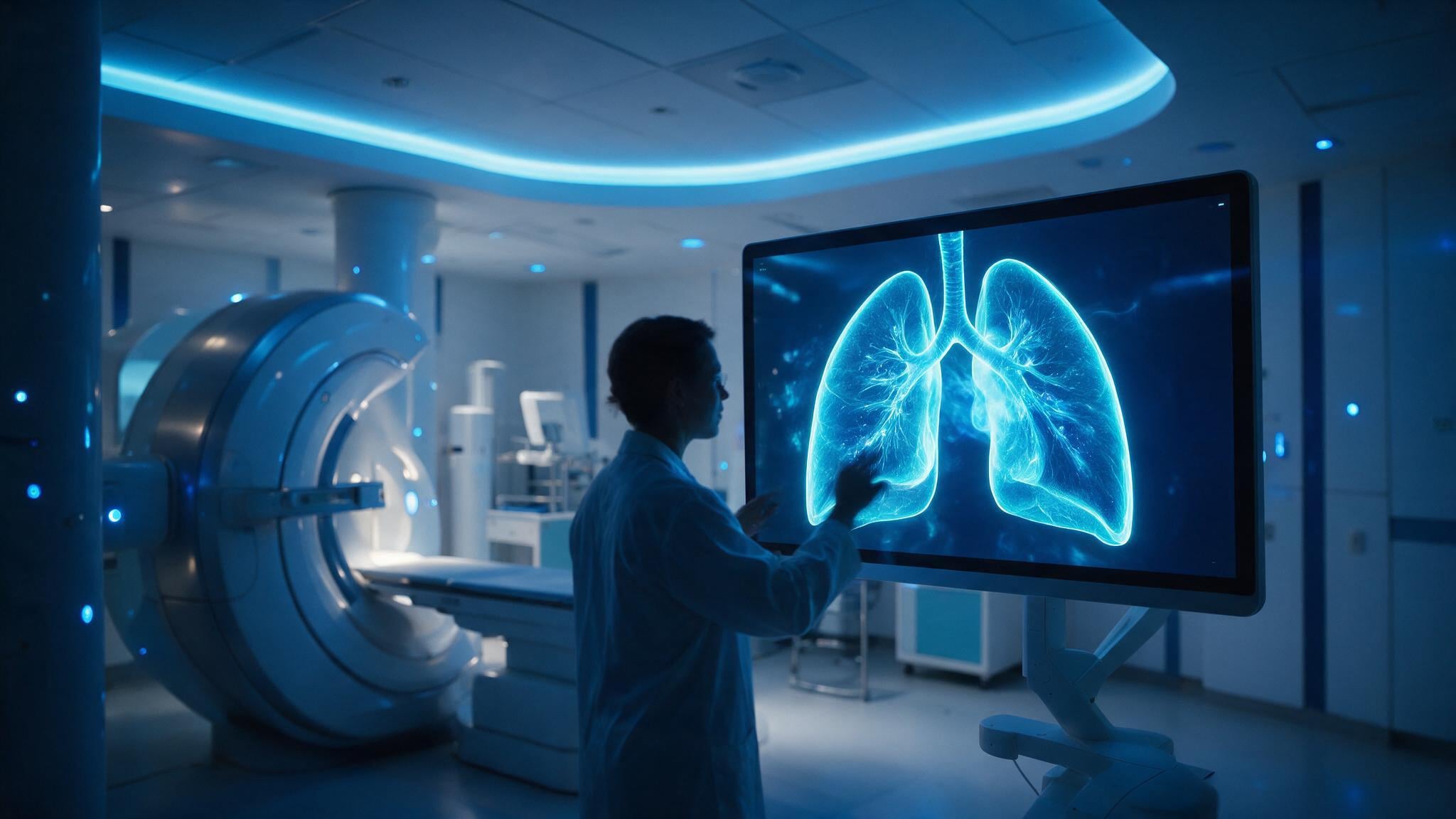 A radiographer studying a glowing four-dimensional lung scan projected on a sleek monitor.