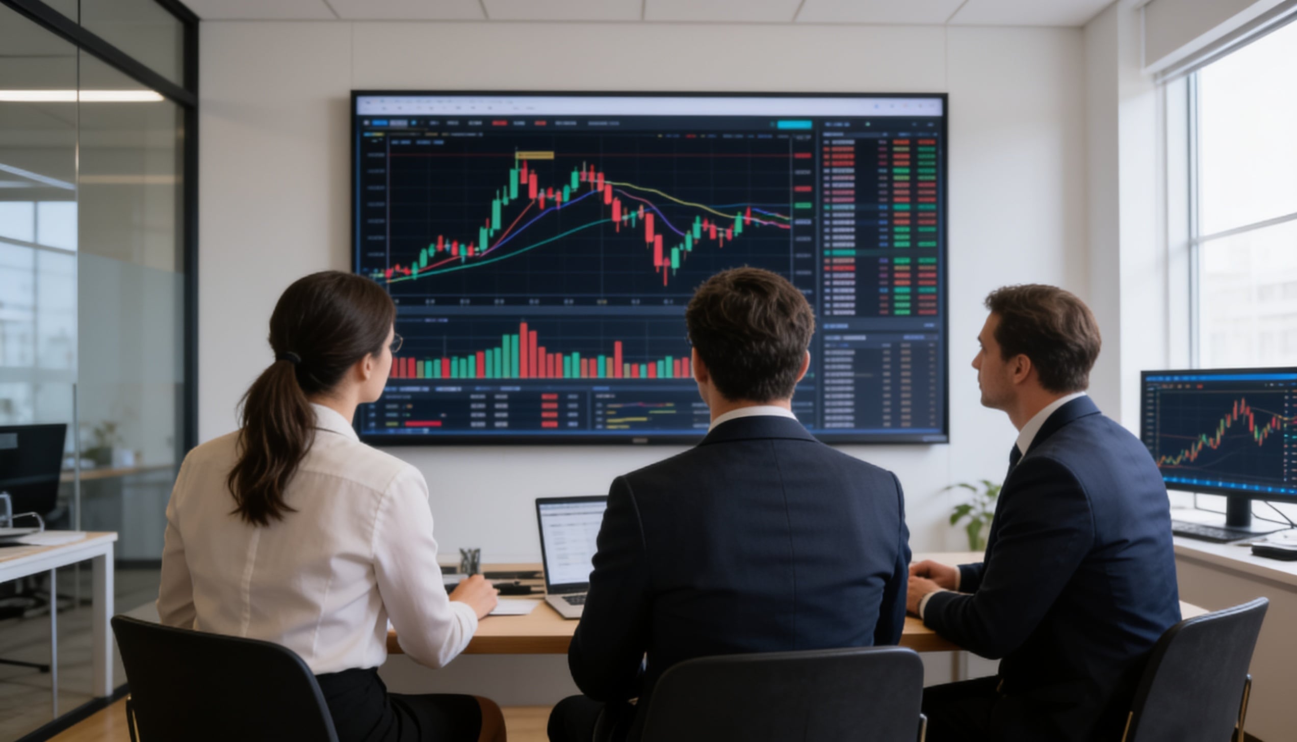 3 people looking at stock charts