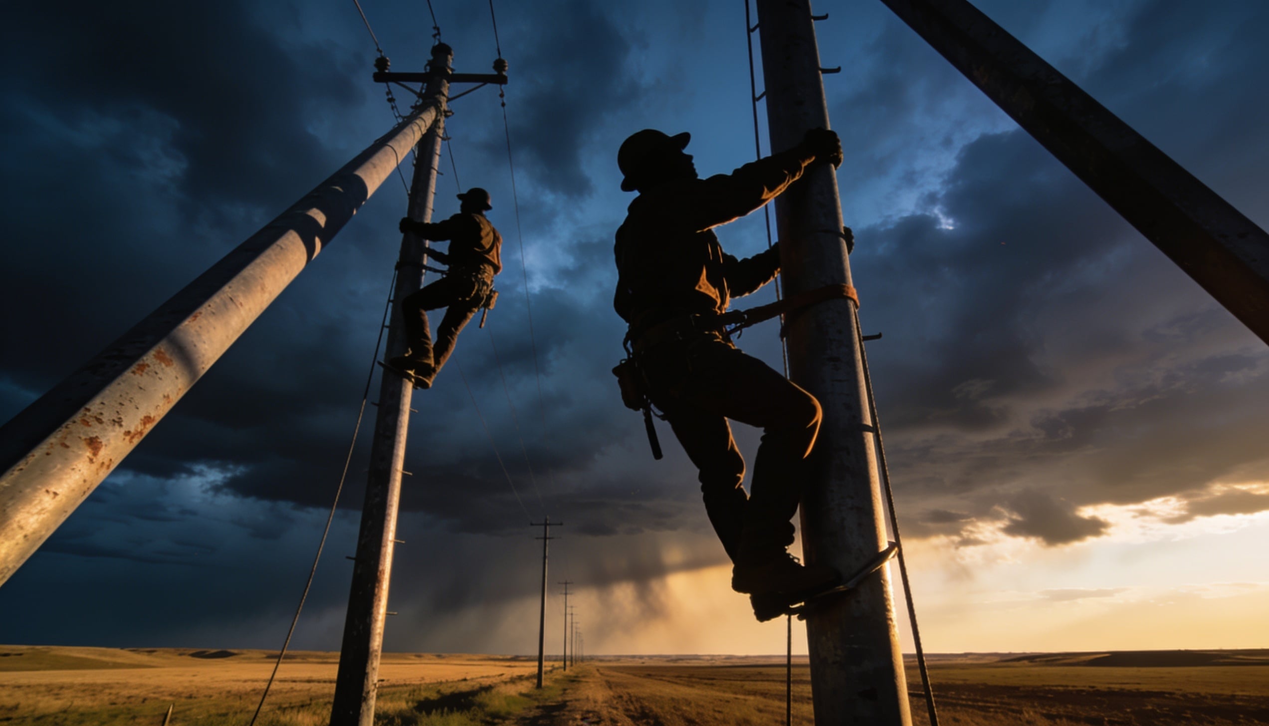 A utility line workers silhouetted atop high-voltage poles.