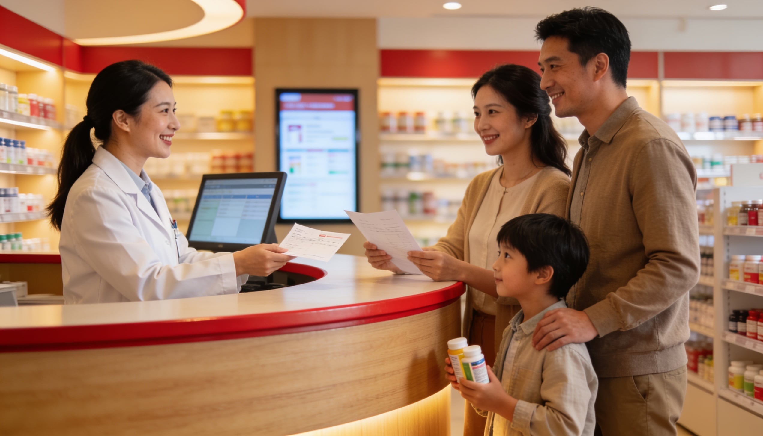 A pharmacist talking to a family.